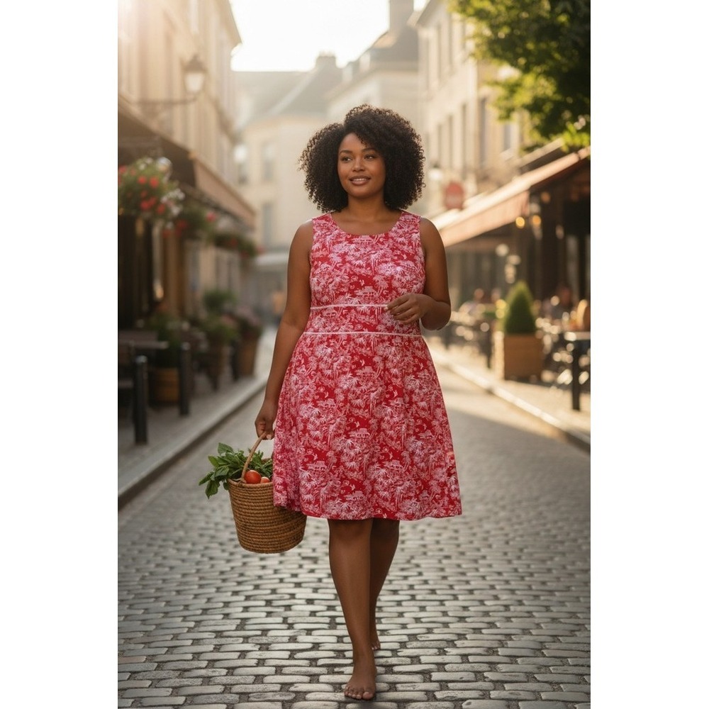 Carolina Colours Dress Womens 18W Red & White Tropical Toile Shift resort travel